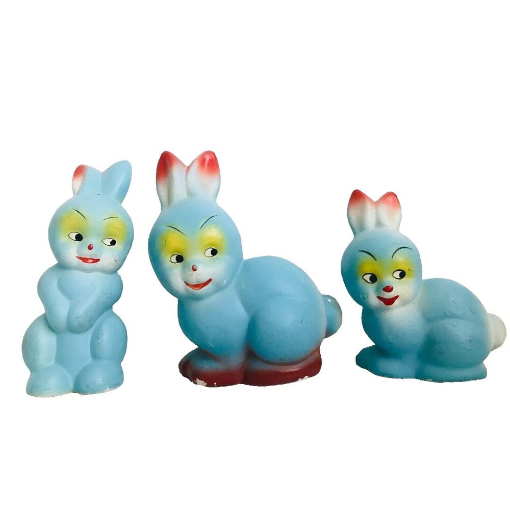 3 Vintage Paper Mache Easter Rabbits Bunny Trio Germany Rare Blue